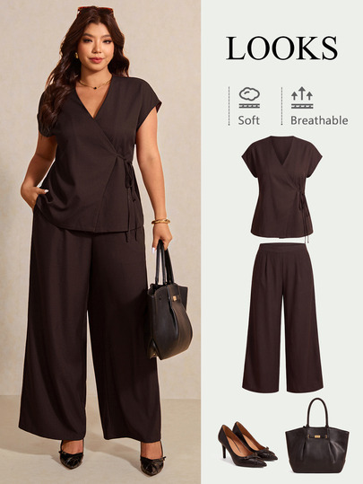 Elaquor Plus Size Casual Commuter Solid Color Tie Wrap Top And Pants Suit Set Long Black Outfit Curvy Women's Two Pieces Formal For Women Fall/Winter