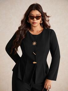 Elaquor Plus Size Black Metal Buckle Decor Long Sleeve Suit Set Formal Suit Office Wear In Fall/Winter - Black - View 5