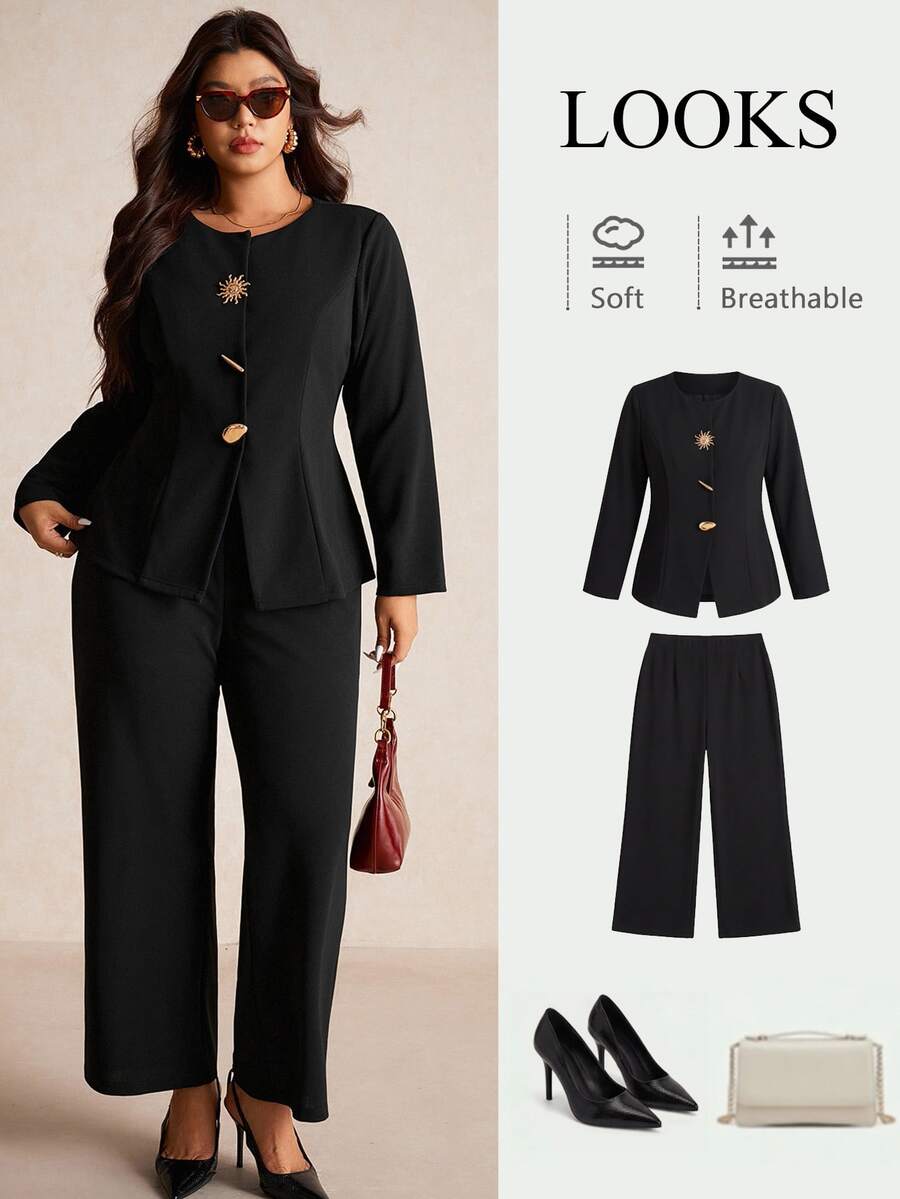 Elaquor Plus Size Black Metal Buckle Decor Long Sleeve Suit Set Formal Suit Office Wear In Fall/Winter