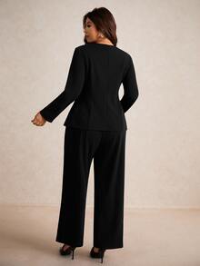 Elaquor Plus Size Black Metal Buckle Decor Long Sleeve Suit Set Formal Suit Office Wear In Fall/Winter - Black - View 3