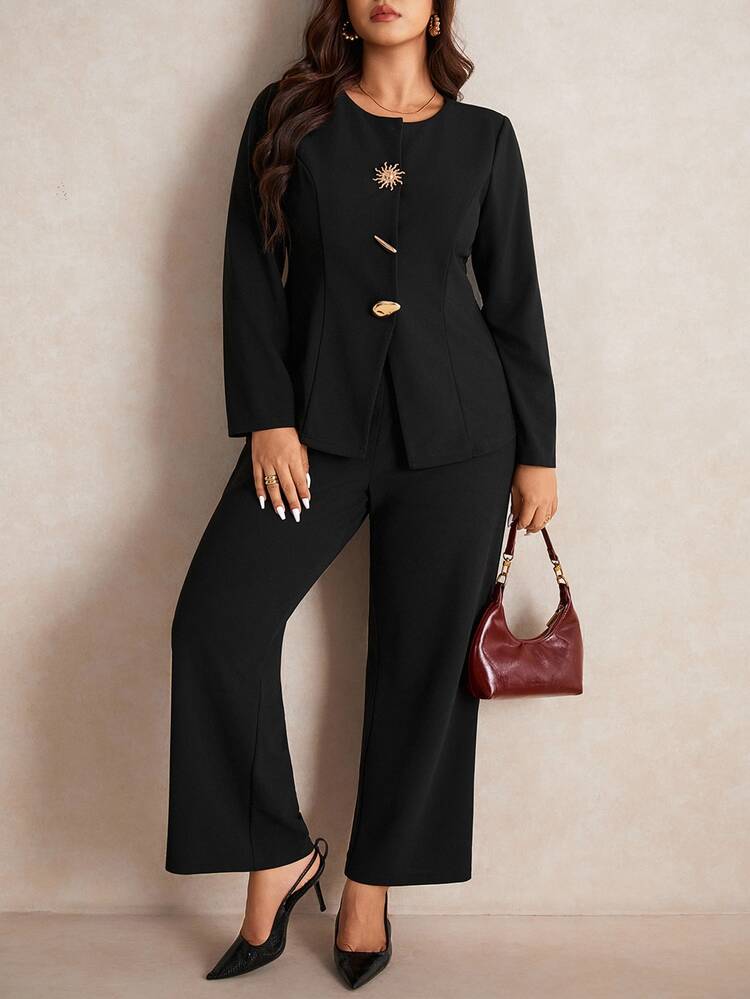 Elaquor Plus Size Black Metal Buckle Decor Long Sleeve Suit Set Formal Suit Office Wear In Fall/Winter - Black - View 5