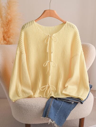 CosyJoli Plus Size Autumn/Winter Romantic Casual Minimalist Versatile Preppy Style Lace-Up Bow Loose Fit Yellow Knit Cardigan Sweater