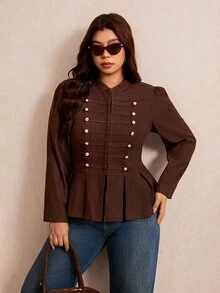 Elaquor Plus Size Women's Long Sleeve Button Design Pleated Hem Casual Jacket Fall - Chocolate Brown - View 6