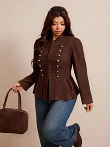 Elaquor Plus Size Women's Long Sleeve Button Design Pleated Hem Casual Jacket Fall - Chocolate Brown - View 4