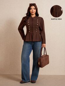 Elaquor Plus Size Women's Long Sleeve Button Design Pleated Hem Casual Jacket Fall - Chocolate Brown - View 2
