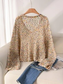 CosyJoli Plus Size Casual Colorful Table Tennis Yarn Texture Tie-Up Bow Hollow Out Front Open Knitted Cardigan Jacket, Sun-Proof In Fall/Winter - Multicolor - View 3