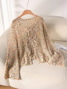CosyJoli Plus Size Casual Colorful Table Tennis Yarn Texture Tie-Up Bow Hollow Out Front Open Knitted Cardigan Jacket, Sun-Proof In Fall/Winter - Multicolor - View 9