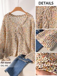CosyJoli Plus Size Casual Colorful Table Tennis Yarn Texture Tie-Up Bow Hollow Out Front Open Knitted Cardigan Jacket, Sun-Proof In Fall/Winter - Multicolor - View 2