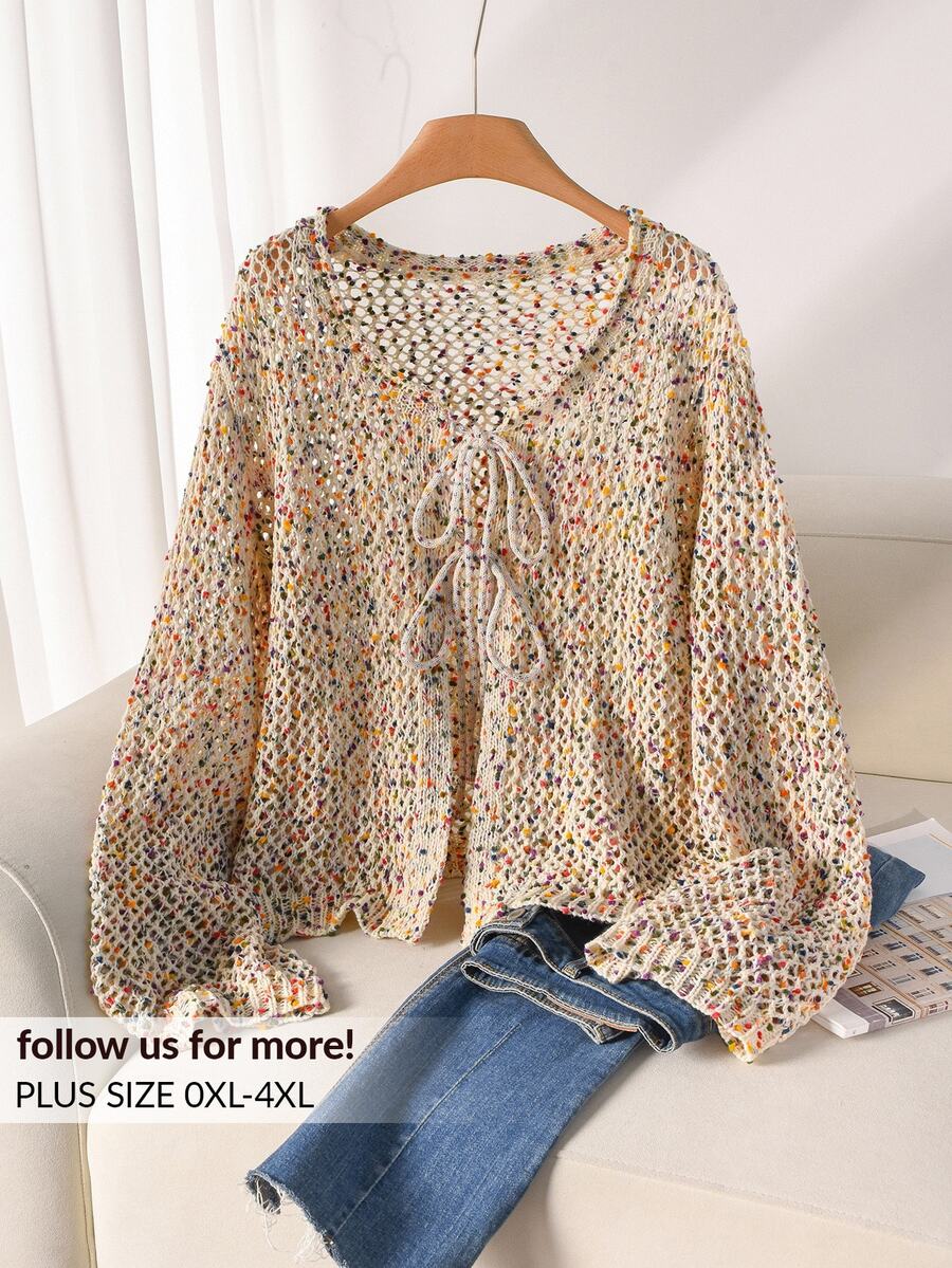 CosyJoli Plus Size Casual Colorful Table Tennis Yarn Texture Tie-Up Bow Hollow Out Front Open Knitted Cardigan Jacket, Sun-Proof In Fall/Winter