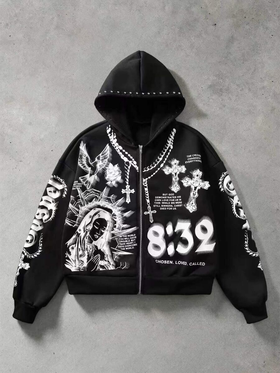 ROMWE MEN Rivet Decor Printed Pattern Loose Sweatshirt Street Retro - Black - View 1