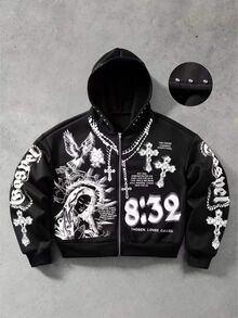 ROMWE MEN Rivet Decor Printed Pattern Loose Sweatshirt Street Retro - Black - View 7