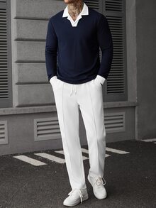 SLATEMANN Men's Colorblock Long Sleeve Casual Commute Polo Shirt - Navy Blue - View 5