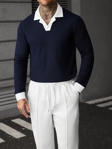 SLATEMANN Men's Colorblock Long Sleeve Casual Commute Polo Shirt - Navy Blue - View 4