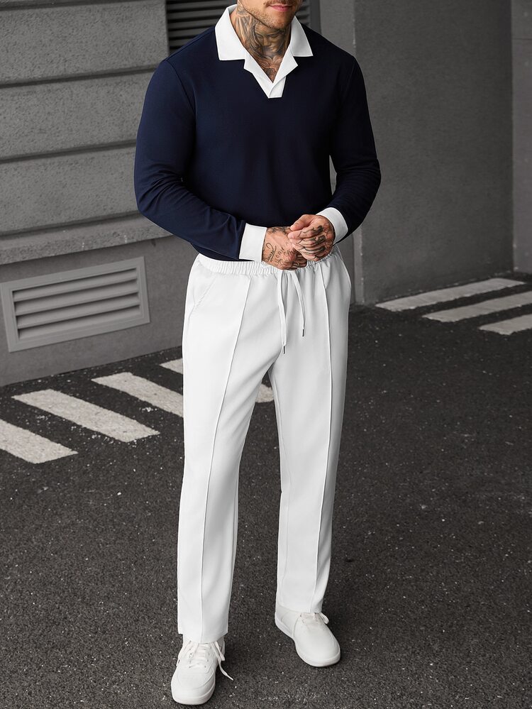 SLATEMANN Kemeja Polo Kasual Lengan Panjang Colorblock untuk Pria - Navy Blue - View 6