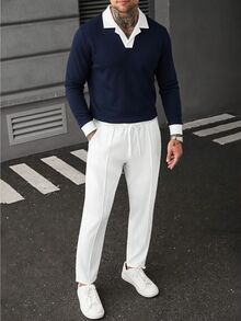 SLATEMANN Men's Colorblock Long Sleeve Casual Commute Polo Shirt - Navy Blue - View 1