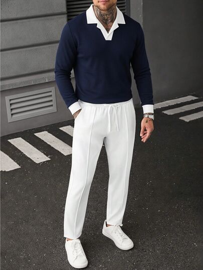 SLATEMANN Men's Colorblock Long Sleeve Casual Commute Polo Shirt
