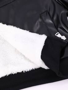 SHEIN Elladie kids 女童秋冬保暖內裡PU皮革夾克，翻領拉鍊款，厚羊羔絨內裡，羅紋下擺與袖口，寬鬆落肩版型，酷帥機車風，適合中大童女孩子，日常上學、外出穿著，PU面料耐穿易打理，中大童帥氣休閒夾克上衣 - 黑色 - 查看 4