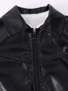 SHEIN Elladie kids 女童秋冬保暖內裡PU皮革夾克，翻領拉鍊款，厚羊羔絨內裡，羅紋下擺與袖口，寬鬆落肩版型，酷帥機車風，適合中大童女孩子，日常上學、外出穿著，PU面料耐穿易打理，中大童帥氣休閒夾克上衣 - 黑色 - 查看 8