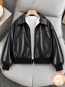 SHEIN Elladie kids 女童秋冬保暖內裡PU皮革夾克，翻領拉鍊款，厚羊羔絨內裡，羅紋下擺與袖口，寬鬆落肩版型，酷帥機車風，適合中大童女孩子，日常上學、外出穿著，PU面料耐穿易打理，中大童帥氣休閒夾克上衣 - 黑色 - 查看 7