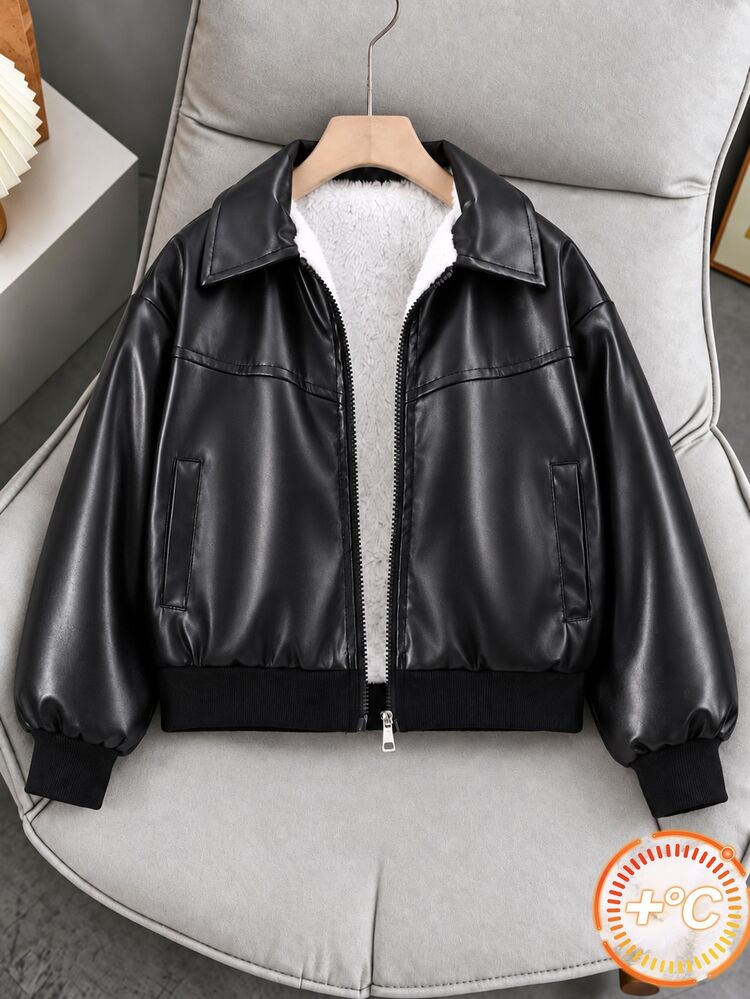 SHEIN Elladie kids Girls' Autumn/Winter Thermal Lined PU Leather Jacket, Lapel Collar Zipper Style, Thick Lamb Fleece Lining, Ribbed Hem And Cuffs, Loose Drop Shoulder Fit, Cool Motorcycle Style, Suitable For Mid-To-Large Children Girls, Daily School, Outing Wear, PU Fabric Durable And Easy To Care For, Mid-To-Large Children Handsome Casual Jacket Top - Black - View 7