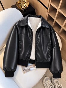SHEIN Elladie kids 女童秋冬保暖內裡PU皮革夾克，翻領拉鍊款，厚羊羔絨內裡，羅紋下擺與袖口，寬鬆落肩版型，酷帥機車風，適合中大童女孩子，日常上學、外出穿著，PU面料耐穿易打理，中大童帥氣休閒夾克上衣 - 黑色 - 查看 9