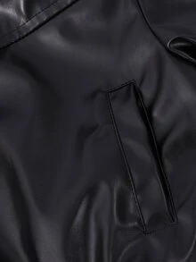 SHEIN Elladie kids 女童秋冬保暖內裡PU皮革夾克，翻領拉鍊款，厚羊羔絨內裡，羅紋下擺與袖口，寬鬆落肩版型，酷帥機車風，適合中大童女孩子，日常上學、外出穿著，PU面料耐穿易打理，中大童帥氣休閒夾克上衣 - 黑色 - 查看 5