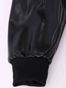 SHEIN Elladie kids 女童秋冬保暖內裡PU皮革夾克，翻領拉鍊款，厚羊羔絨內裡，羅紋下擺與袖口，寬鬆落肩版型，酷帥機車風，適合中大童女孩子，日常上學、外出穿著，PU面料耐穿易打理，中大童帥氣休閒夾克上衣 - 黑色 - 查看 3