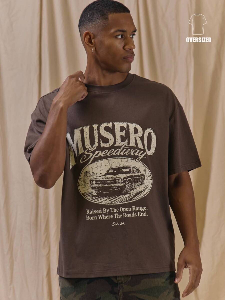 Musero Camiseta Oversize con Estampado Gráfico Frontal Esenciales de Primavera Verano - Marrón - Ver 1