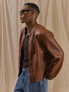 Musero Oversized Crop Length Applique Back P.U Bicker Jacket Spring Summer Essentials - Rust Brown - View 3