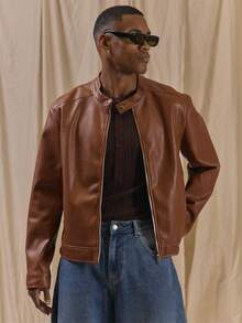 Musero Oversized Crop Length Applique Back P.U Bicker Jacket Spring Summer Essentials - Rust Brown - View 2