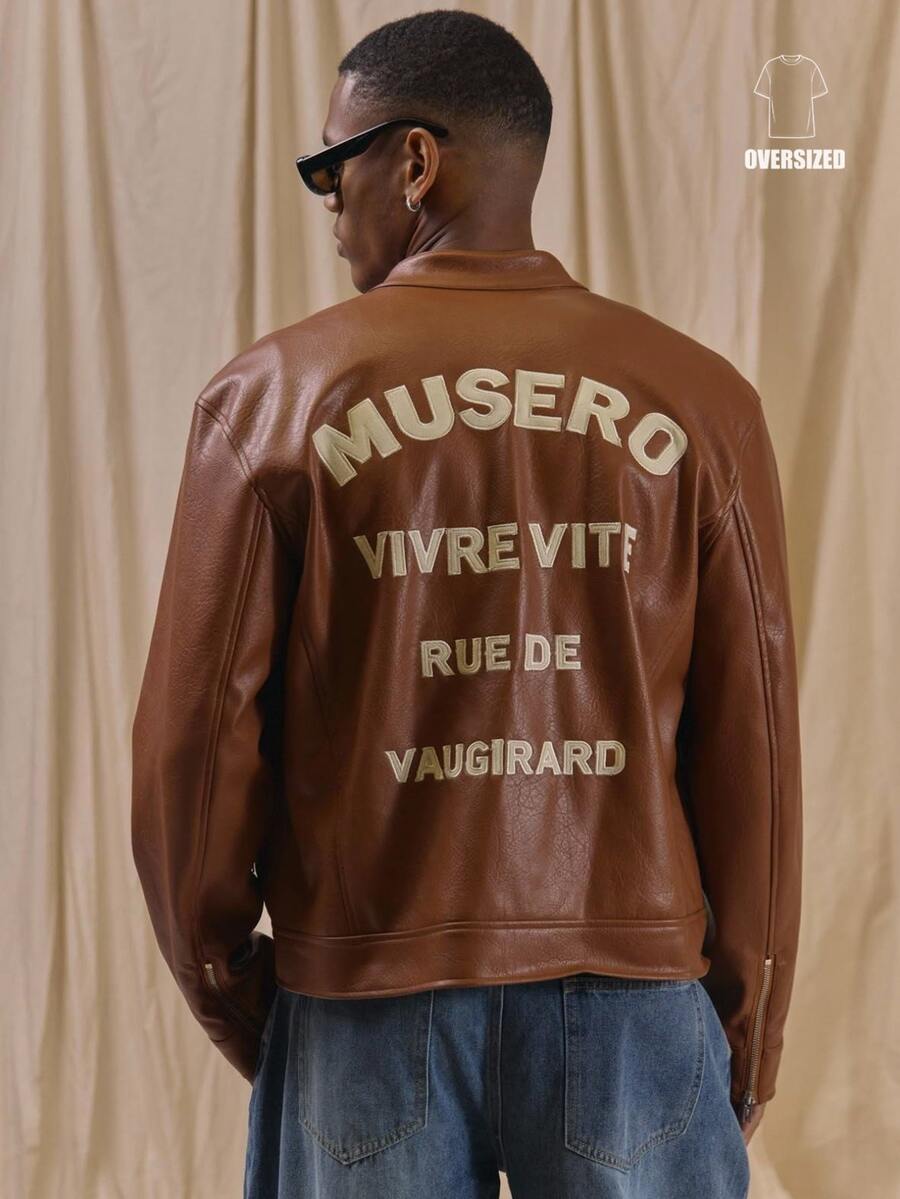 Musero Oversized Crop Length Applique Back P.U Bicker Jacket Spring Summer Essentials - Rust Brown - View 1