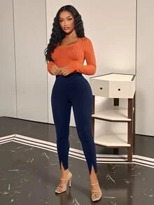 SHEIN SXY Legging Ketat Wanita Ukuran Besar Warna Polos Kasual Streetwear Serbaguna untuk Pakaian Sehari-hari Formal Liburan Biru Tua Musim Panas - Navy Blue - View 4