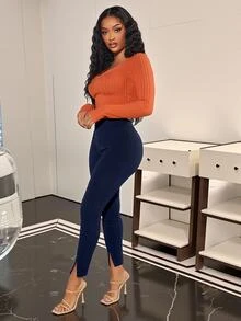 SHEIN SXY Legging Ketat Wanita Ukuran Besar Warna Polos Kasual Streetwear Serbaguna untuk Pakaian Sehari-hari Formal Liburan Biru Tua Musim Panas - Navy Blue - View 5