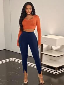 SHEIN SXY Legging Ketat Wanita Ukuran Besar Warna Polos Kasual Streetwear Serbaguna untuk Pakaian Sehari-hari Formal Liburan Biru Tua Musim Panas - Navy Blue - View 6