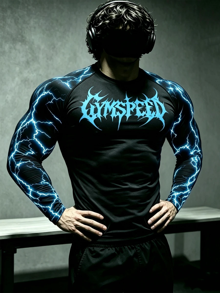 RISE LYT Men's Punk Lightning Pattern Raglan Sleeve Crew Neck Sports T-Shirt - Black - View 1