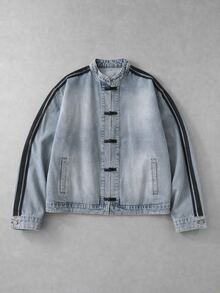ROMWE MEN Spring Autumn Winter New Chinese Style Stand Collar Frog Button Brand Casual Denim Jacket Men's Vintage Washed Distressed Shoulder Stripe Loose Fit National Style Tang Suit Jacket Unisex - Medium Wash - View 1