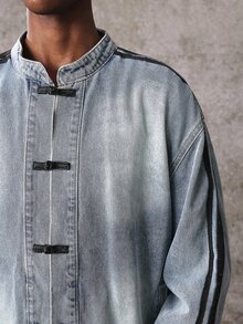 ROMWE MEN Spring Autumn Winter New Chinese Style Stand Collar Frog Button Brand Casual Denim Jacket Men's Vintage Washed Distressed Shoulder Stripe Loose Fit National Style Tang Suit Jacket Unisex - Medium Wash - View 2