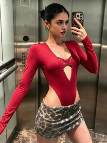 INAWLY SXY Sexy Red Deep V Neck Plunge High Cut Thumb Hole Ribbed Long Sleeve Bodysuit - Red - View 4