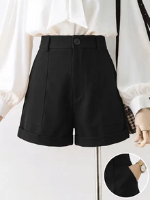 EMERY ROSE Summer Slimming Black Elegant Casual Large Pocket Rolled Hem Loose A-Line Blazer Shorts Brunch Office - Black - View 8