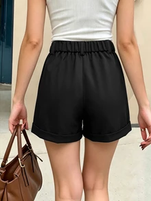 EMERY ROSE Summer Slimming Black Elegant Casual Large Pocket Rolled Hem Loose A-Line Blazer Shorts Brunch Office - Black - View 2
