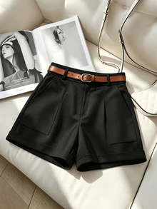 EMERY ROSE Summer Slimming Black Elegant Casual Large Pocket Rolled Hem Loose A-Line Blazer Shorts Brunch Office - Black - View 3