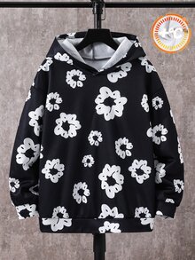 SHEIN 兒童青少年男孩休閒街頭風花卉印花長袖衛衣，適合秋冬、學校、度假 - 黑色 - 查看 7