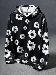 SHEIN 兒童青少年男孩休閒街頭風花卉印花長袖衛衣，適合秋冬、學校、度假 - 黑色 - 查看 4