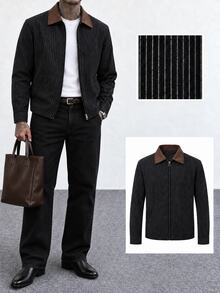 Manfinity Homme Men's Striped Zipper Placket Casual Shacket - Black - View 1