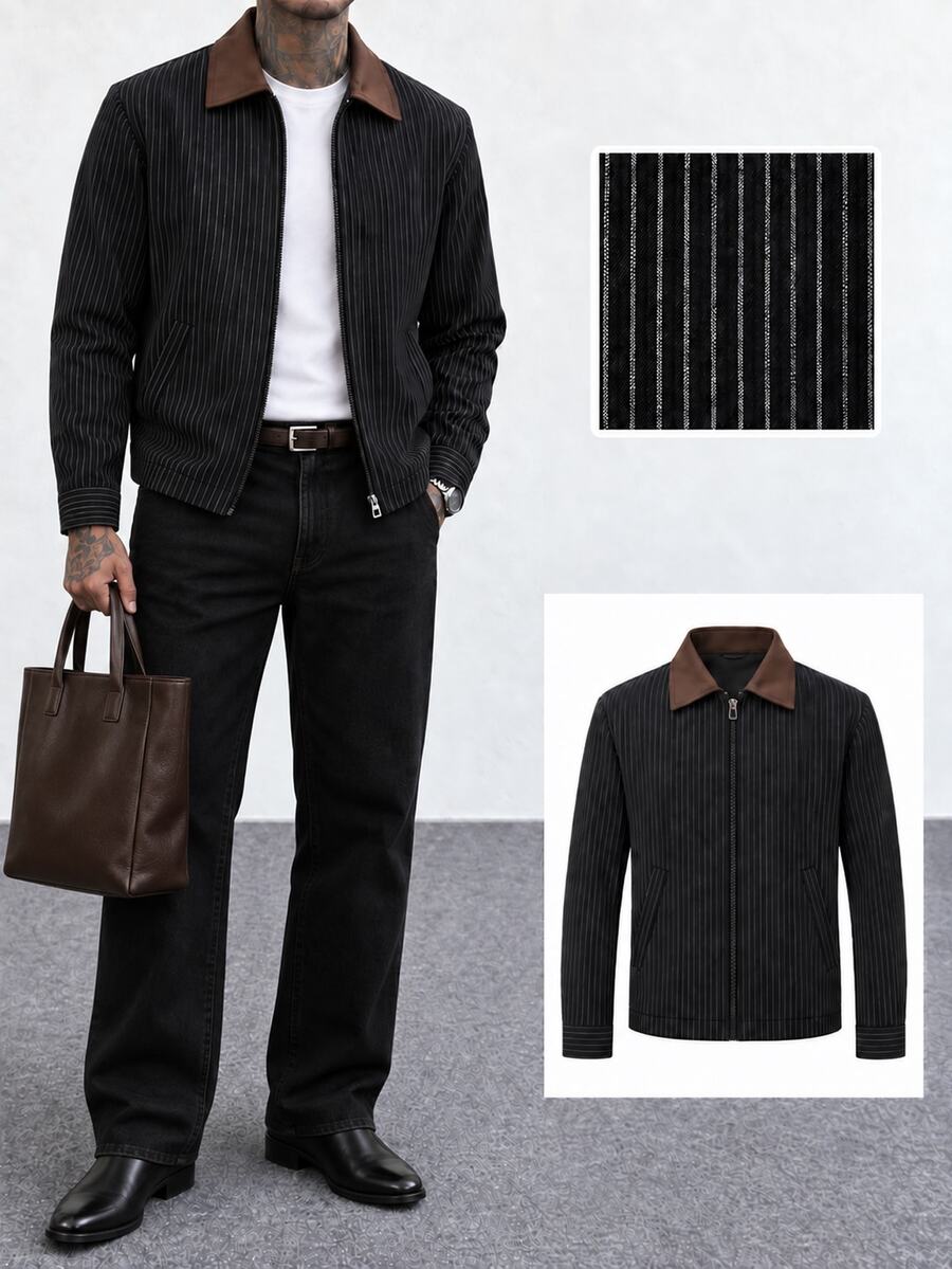 Manfinity Homme Men's Striped Zipper Placket Casual Shacket - Black - View 1