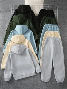 SHEIN 10件組兒童青少年男孩休閒日常百搭舒適印花圖案連帽套頭衛衣寬鬆運動衫與束口寬鬆運動長褲針織兩件套保暖內裡加厚衛衣套裝 - 彩色 - 查看 4