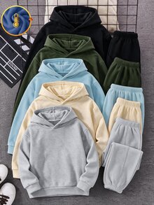 SHEIN 10件組兒童青少年男孩休閒日常百搭舒適印花圖案連帽套頭衛衣寬鬆運動衫與束口寬鬆運動長褲針織兩件套保暖內裡加厚衛衣套裝 - 彩色 - 查看 2
