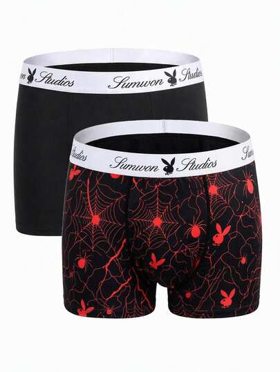 PLAYBOY X SUMWON Set Celana Dalam Boxer Pria Motif Jaring Laba-laba dan Kelinci (2 Buah) dengan Karet Pinggang Elastis, Cocok untuk Halloween.
