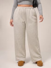 SHEIN PETITE CURVE Celana Panjang Wanita Ukuran Besar Warna Polos dengan Tali Serut, Kasual, Longgar, Tradisional, Serbaguna untuk Pemakaian Sehari-hari, Formal, Liburan, Santai, Abu-abu, Musim Dingin - Light Grey - View 3