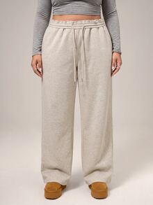 SHEIN PETITE CURVE Celana Panjang Wanita Ukuran Besar Warna Polos dengan Tali Serut, Kasual, Longgar, Tradisional, Serbaguna untuk Pemakaian Sehari-hari, Formal, Liburan, Santai, Abu-abu, Musim Dingin - Light Grey - View 4